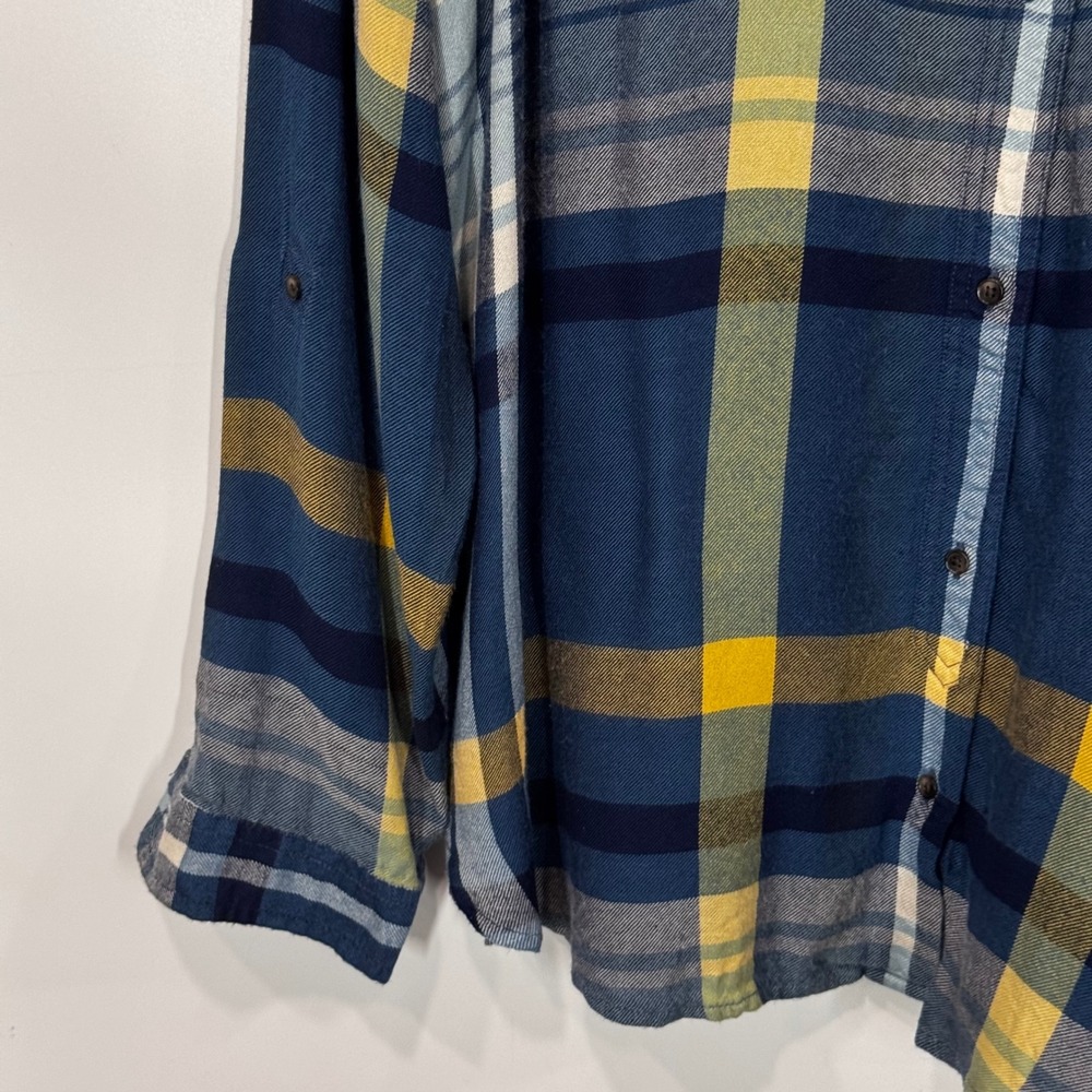 Lucky Brand Button Down Women XL Blue Yellow Plaid Modal Roll Tab Sleeve Flannel - Picture 4 of 11